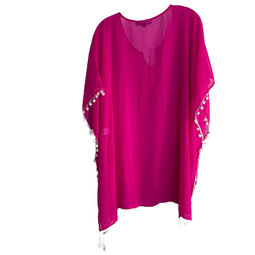 CLUB Z COLLECTION Hot Pink Sheer Kaftan/Swim Cover Up w/ Poms --Flaw - Picture 3 of 12